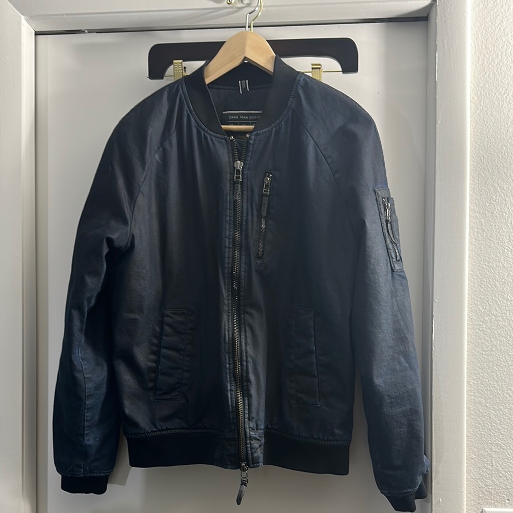 Zara Blue Black  Bomber Jacket with Ribbed Cuffs.  NWOT.